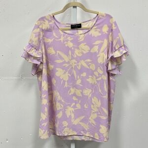 Lane Bryant Floral Ruffle Sleeve Blouse Purple Cream Plus Size 18 Short Sleeve
